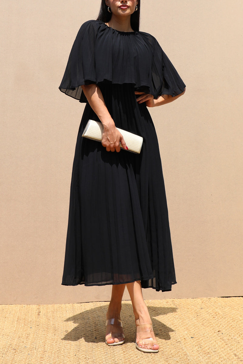 DD7533, CAPE PLEATED WOVEN MIDI DRESS