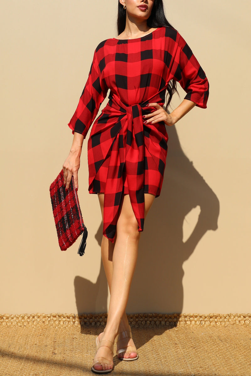 DD3427, TIE-FRONT WOVEN MINI DRESS