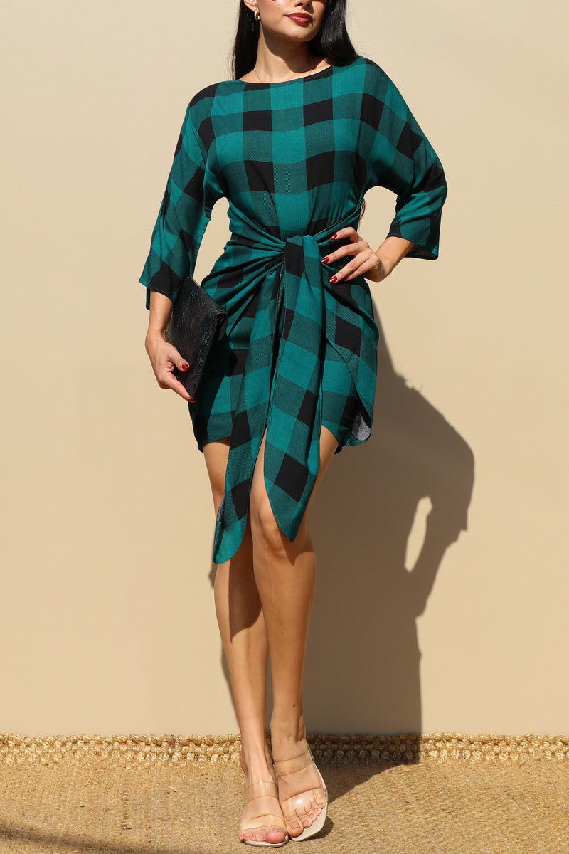 DD3427, TIE-FRONT WOVEN MINI DRESS