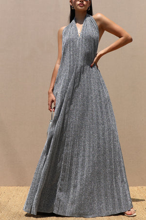 DD7660, PLEATED HALTER LUREX MAXI DRESS