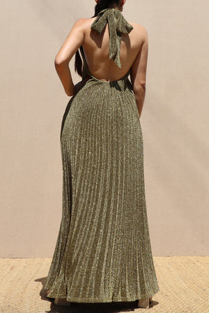 DD7660, PLEATED HALTER LUREX MAXI DRESS