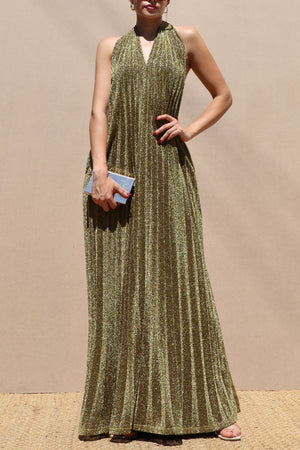 DD7660, PLEATED HALTER LUREX MAXI DRESS