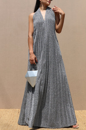 DD7660, PLEATED HALTER LUREX MAXI DRESS