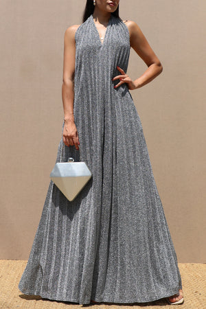 DD7660, PLEATED HALTER LUREX MAXI DRESS