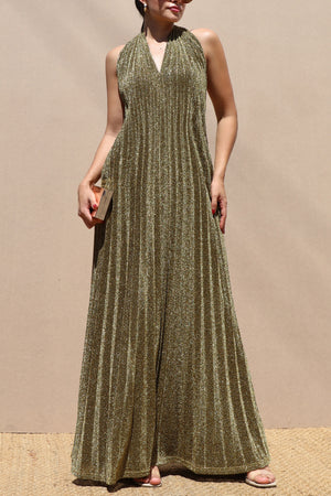 DD7660, PLEATED HALTER LUREX MAXI DRESS