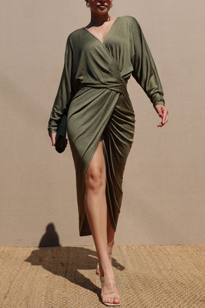 DD7629, V NECK KNIT RUCHED BODYCON DRESS