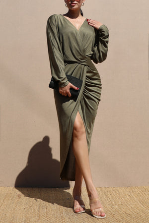 DD7629, V NECK KNIT RUCHED BODYCON DRESS
