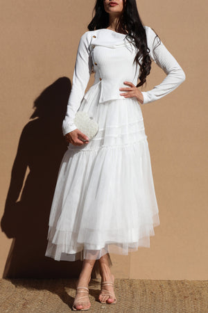 DD7670, COWL NECK KNIT TOP RUFFELD MIDI DRESS