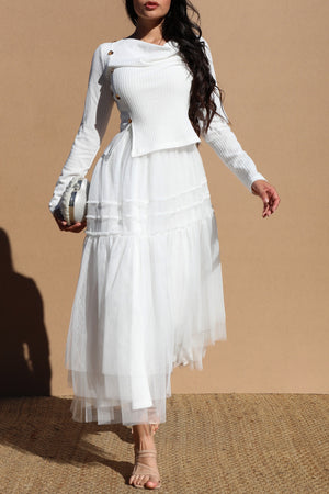 DD7670, COWL NECK KNIT TOP RUFFELD MIDI DRESS