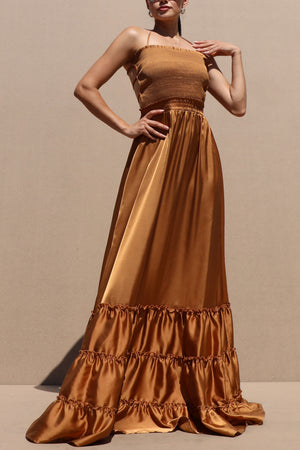 DD7678, Smocked Top Satin Maxi Dress