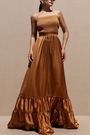 DD7678, SMOCKED TOP SATIN MAXI DRESS