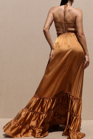 DD7678, Smocked Top Satin Maxi Dress