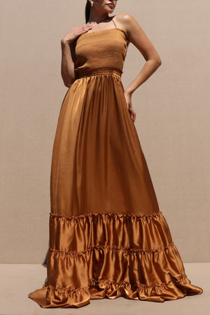 DD7678, SMOCKED TOP SATIN MAXI DRESS