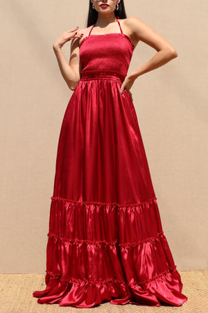 DD7678, SMOCKED TOP SATIN MAXI DRESS