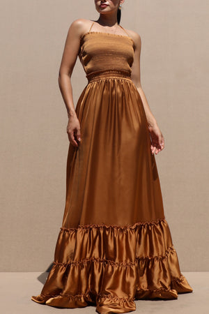 DD7678, Smocked Top Satin Maxi Dress