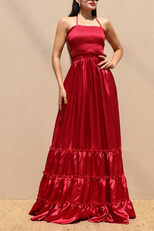 DD7678, SMOCKED TOP SATIN MAXI DRESS