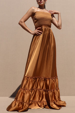 DD7678, SMOCKED TOP SATIN MAXI DRESS