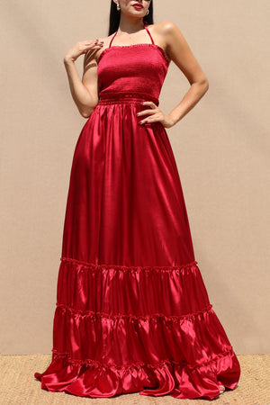 DD7678, SMOCKED TOP SATIN MAXI DRESS