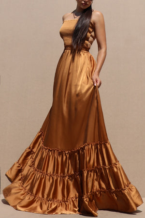 DD7678, SMOCKED TOP SATIN MAXI DRESS