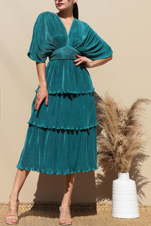 DD4747, PLEATED V NECK MIDI DRESS