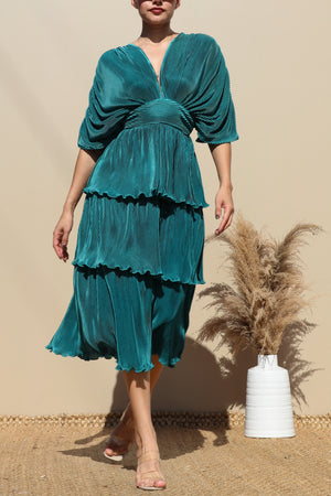DD4747, PLEATED V NECK MIDI DRESS