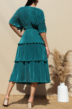DD4747, PLEATED V NECK MIDI DRESS