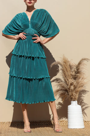 DD4747, PLEATED V NECK MIDI DRESS