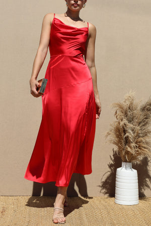 DD7283, COWL NECK SATIN MIDI DRESSES