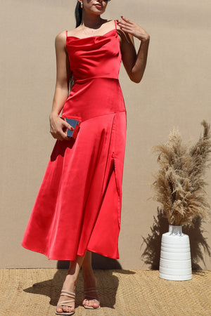 DD7283, COWL NECK SATIN MIDI DRESSES