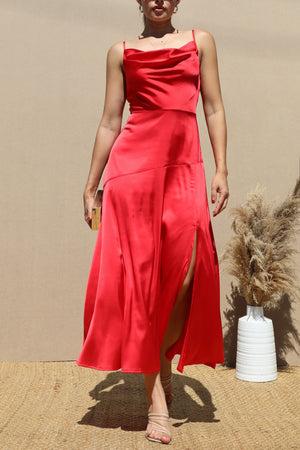 DD7283, COWL NECK SATIN MIDI DRESSES