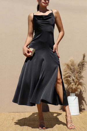 DD7283, COWL NECK SATIN MIDI DRESSES