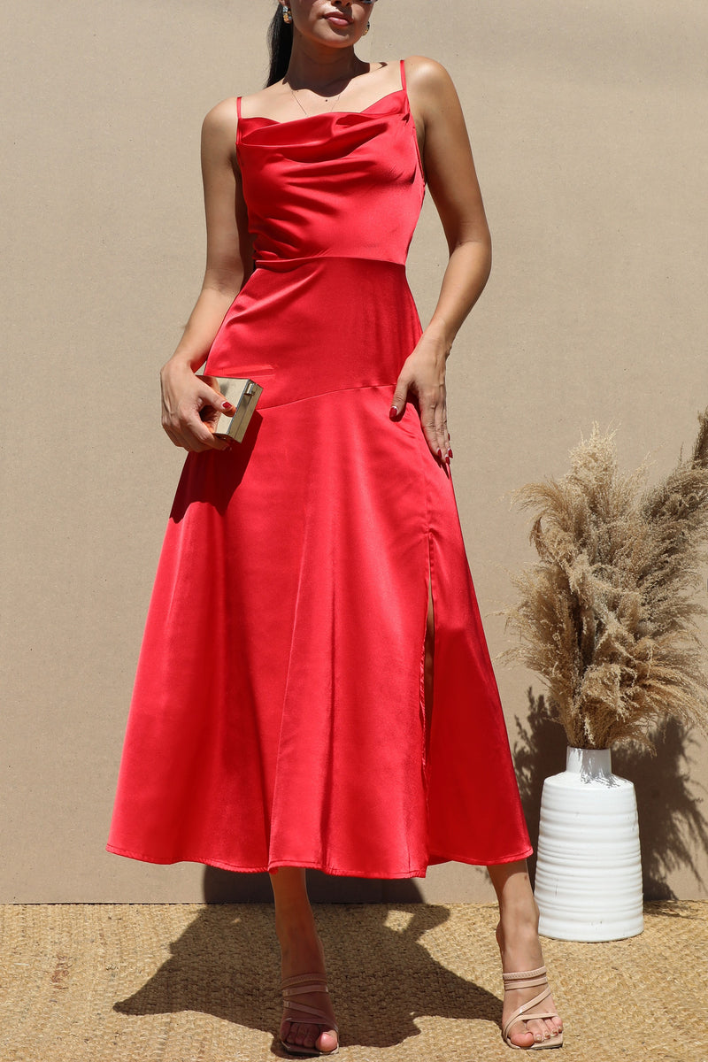 DD7283, COWL NECK SATIN MIDI DRESSES