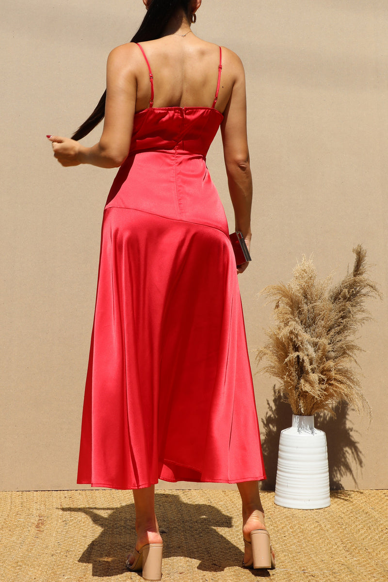 DD7283, COWL NECK SATIN MIDI DRESSES