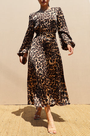 DD7658, PLEATED SATIN LEOPARD MIDI DRESS