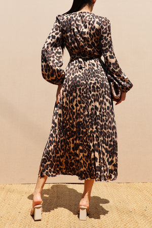 DD7658, PLEATED SATIN LEOPARD MIDI DRESS