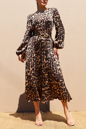 DD7658, PLEATED SATIN LEOPARD MIDI DRESS