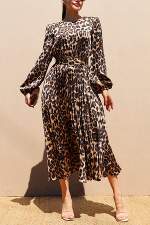 DD7658, PLEATED SATIN LEOPARD MIDI DRESS