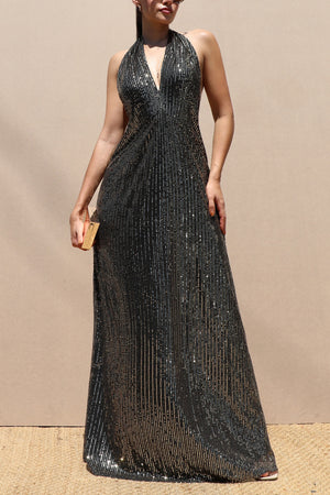 DD7625, SEQUINS HALTER MAXI DRESS