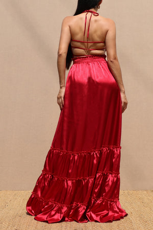 DD7678, Smocked Top Satin Maxi Dress