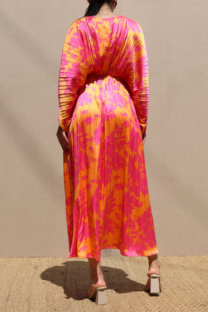 DD6504, PLEATED V NECK SATIN LONG DRESS