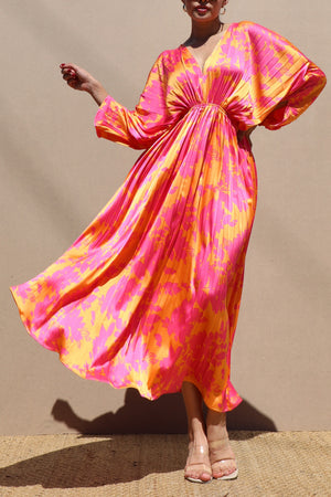 DD6504, PLEATED V NECK SATIN LONG DRESS