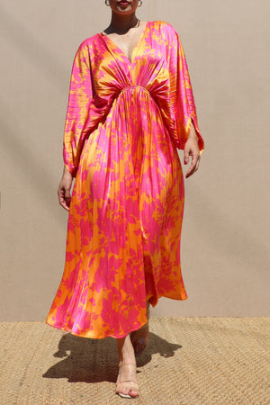 DD6504, PLEATED V NECK SATIN LONG DRESS