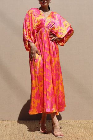 DD6504, PLEATED V NECK SATIN LONG DRESS