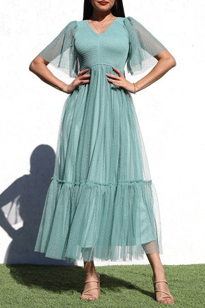 DD4650, RUFFLED MESH LONG DRESS