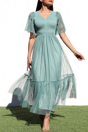 DD4650, RUFFLED MESH LONG DRESS
