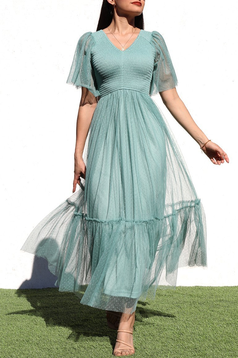DD4650, RUFFLED MESH LONG DRESS