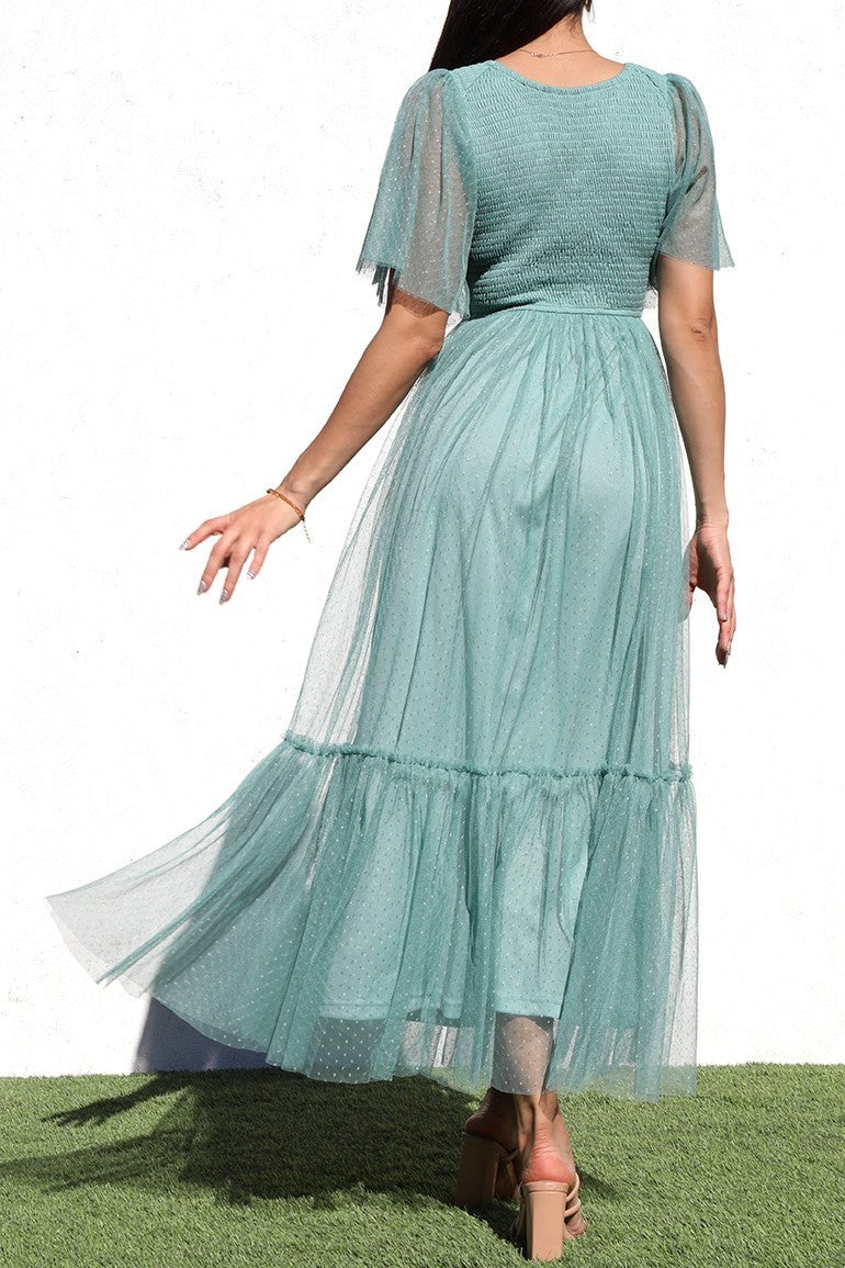 DD4650, RUFFLED MESH LONG DRESS