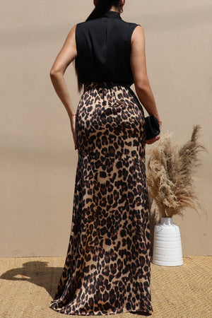 DD7719, Leopard V Neck Satin Maxi Dress