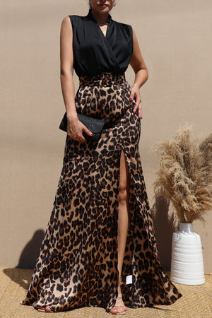 DD7719, Leopard V Neck Satin Maxi Dress