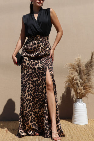 DD7719, Leopard V Neck Satin Maxi Dress